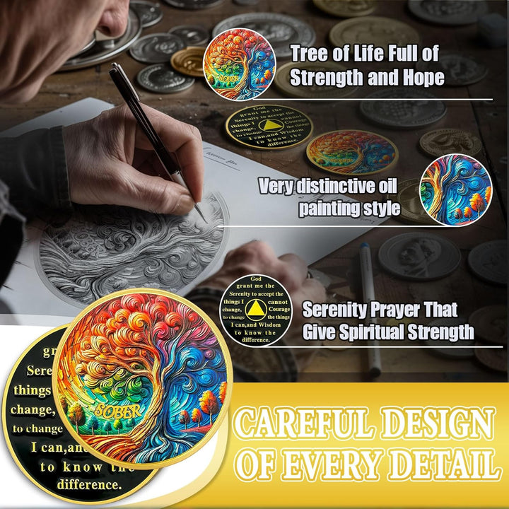 Tree of Life Sobriety Coin | AA Chip and Medallion with Serenity Prayer - Oil Painting Style Design, Celebrating Recovery Milestones, Beautiful Sobriety Gift for Men and Women