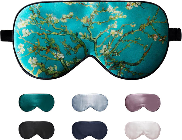 100% Natural Mulberry Silk Eye Mask for Sleeping with a Travel Pouch, Both Sides 19 Momme Organic Silk, Adjustable Sleep Eye Mask for Women, Green-Floral