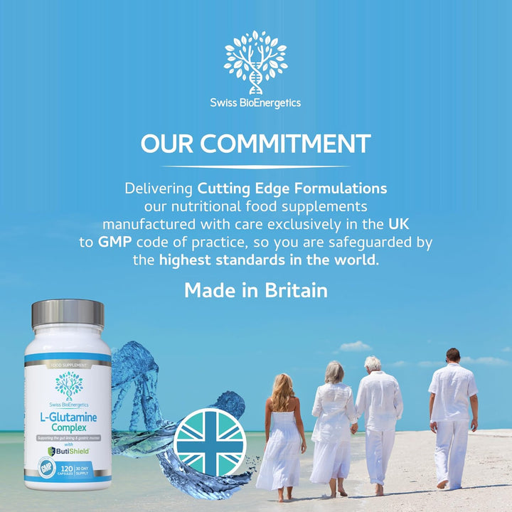 L-Glutamine Complex with Butyric Acid, Glucosamine (N-Acetyl-D), Marshmallow Root, Slippery Elm Bark, Liquorice Root, Chamomile Flower, Mastic Gum, Quercetin & Zinc - UK Made and No Artificial Nasties
