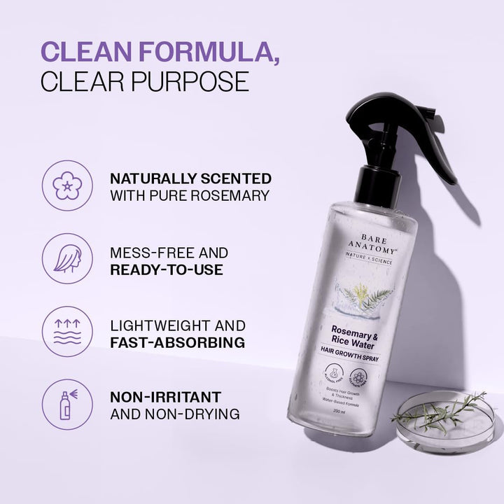 Nature X Science Rosemary Water Spray for Hair Growth & Hair Thickness with Rice Water |100% Natural Extract | Soft & Smooth Hair| Controls Hairfall| Non-Greasy & Fast Absorbing | 200 Ml