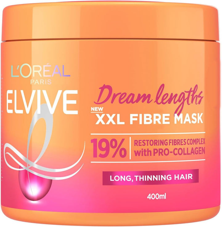 Paris Elvive XXL Fibre Mask for Long, Damaged, Thinning Hair, Restorative Treatment with Pro-Collagen, Dream Lengths, 400 Ml