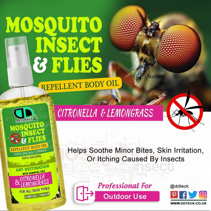 100% Natural Mosquito, Insect & Flies Repplent Body Oil with Citronella & Lamongrass Essential Oils, for All Body Types 100Ml Spray