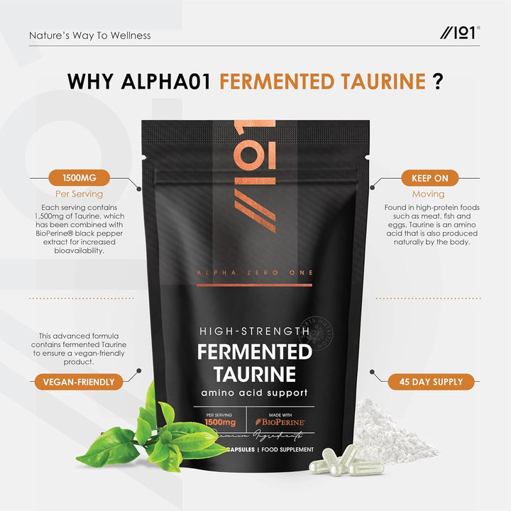 L-Taurine 1500Mg with Bioperine® - 90 Vegan Capsules - Potent Amino Acid Supplement - 45 Day Supply - by