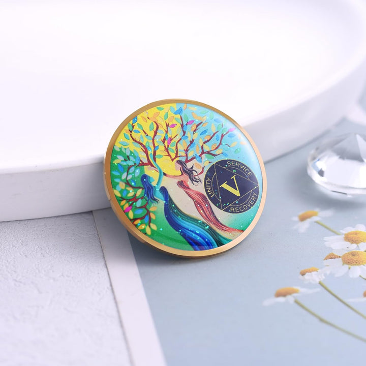 5 Year Sobriety Coin for Women, Recovery Sisters AA Medallion, Tree of Life AA Coin, 5 Year AA Chip, Sobriety Gifts for Women, Alcoholics Anonymous Anniversary Token