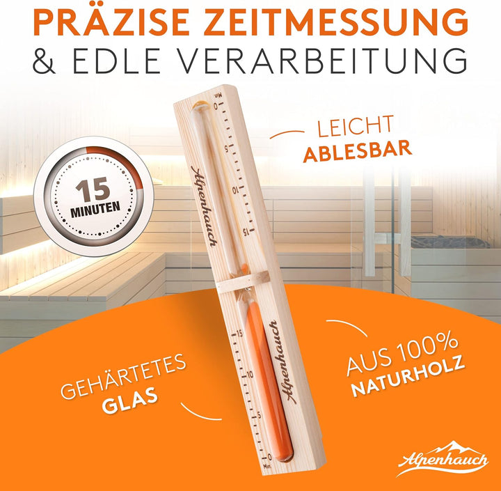 Sauna Sand Timer 15 Minutes Made of 100% Natural Wood,Elegant Sauna Clock with Ultra Fine Sand,360° Rotatable Wooden Sauna Clock,Includes Sauna Book + Mounting Accessories