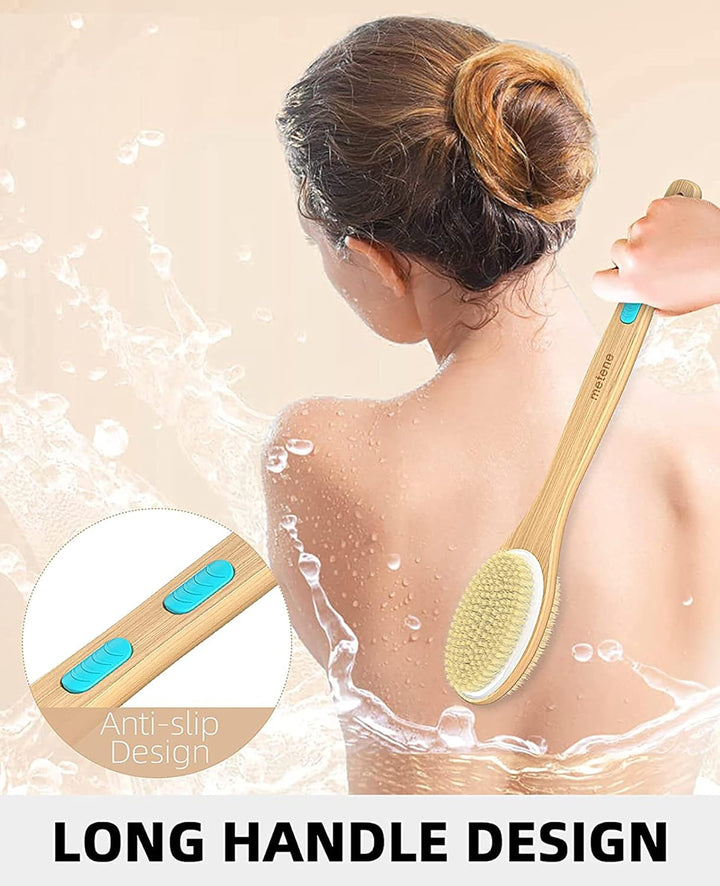 Back Scrubber for Shower, Shower Brush for Exfoliating Skin and a Soft Scrub, Double-Sided Body Brush Head for Wet or Dry Brushing, Long Wooden Handle Cleans the Body Easily