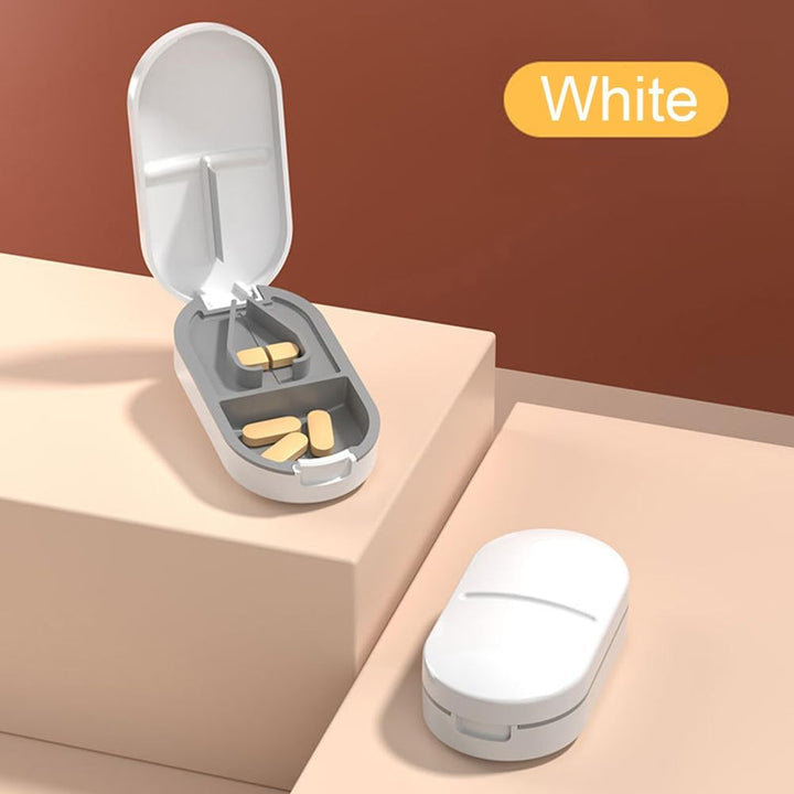 Pill Cutter Travel Portable Tablet Cutter with Blade and Storage Compartment，Pill Box Organiser, Small or Large Pills Cut in Half Quarter for Pills Tablets (White)