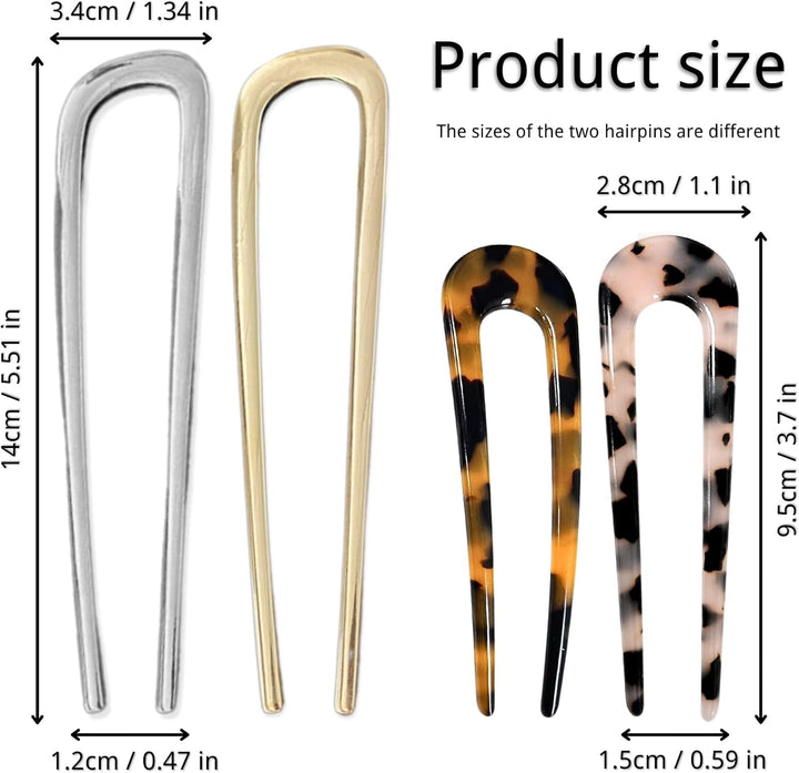 4 PCS French Hair Pins U-Shaped Hair Pins Delicate French Twist Pins for Variety Occasions Gold and Silver Hair Clips Dark and Light Tortoiseshell Clips for Women and Girls (Metal and Acetate)