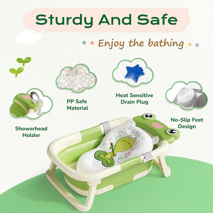 Foldable Baby Bath Tub for Newborn, Collapsible Baby Bathtub with Soft Support Cushion (0-18Months), Baby Shower for Infant to Toddler Gift, Travel Outdoor Design (Green)