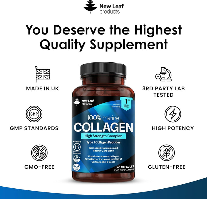Pure Marine Collagen 100% Marine Collagen Type 1 Hydrolysed Collagen Peptides Enhanced with Hyaluronic Acid & Vitamin C -Essential Amino Acids - Collagen Supplements for Women and Men, 60 Capsules