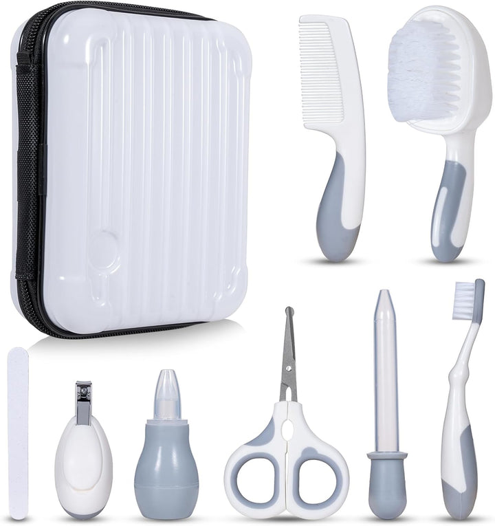 Little Angel Baby Healthcare and Grooming Kit, Safety Newborn Nursery Care Set, with Hair Brush Comb, Nail Clipper, Nasal Aspirator for Newborn Infant Baby Girls Boys White Gray