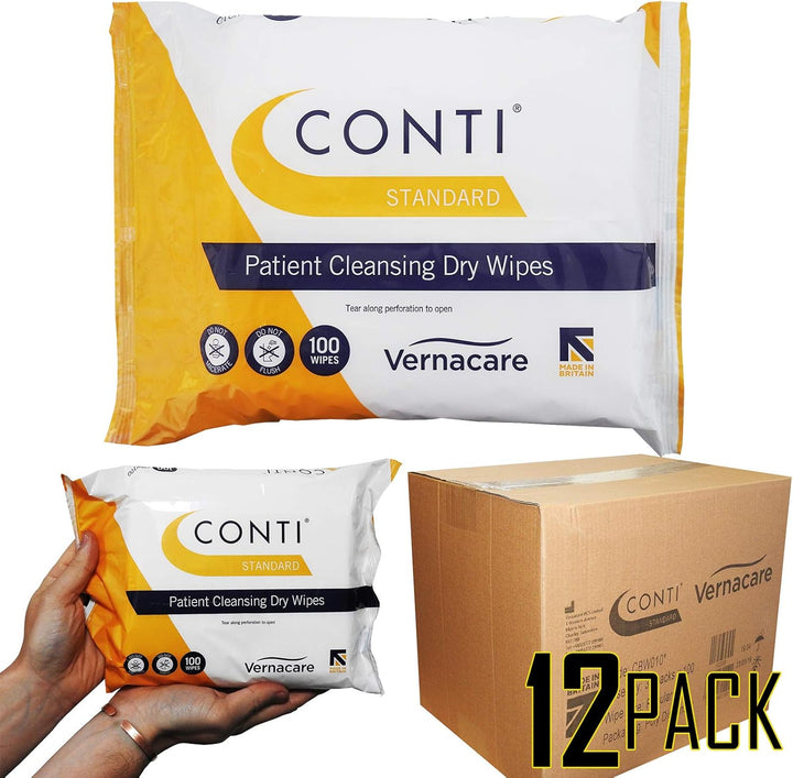 Conti Standard - Patient Cleansing Dry Wipes, Every Day Universal Use Cleaning Cloths, Wipe Size 26Cm X 20Cm, 100 Wipes per Pack - 12 Pack