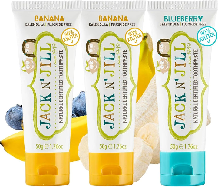 Jack N’ Jill Natural Certified Kids Toothpaste – Fluoride-Free Toddler & Baby Toothpaste with 40% Xylitol, No Sugar, Suitable from 6 Months+, Banana & Strawberry Flavour, Pack of 2 (50G Each)