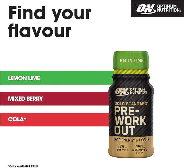 Gold Standard Pre-Workout Energy Shot, Ready to Drink Food Supplement with Beta Alanine, Caffeine, Performelon Boost and Vitamin B6 and B12, Lemon Lime Flavour, 12-Pack, 12 X 60 Ml