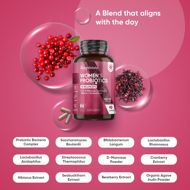 Women Probiotics Capsules - 30 Billion CFU - 90 Delayed Release Capsules - Added with D-Mannose, Cranberry, Hibiscus & Seabuckthorn Extracts - Vegan Intimate Probiotics for Women