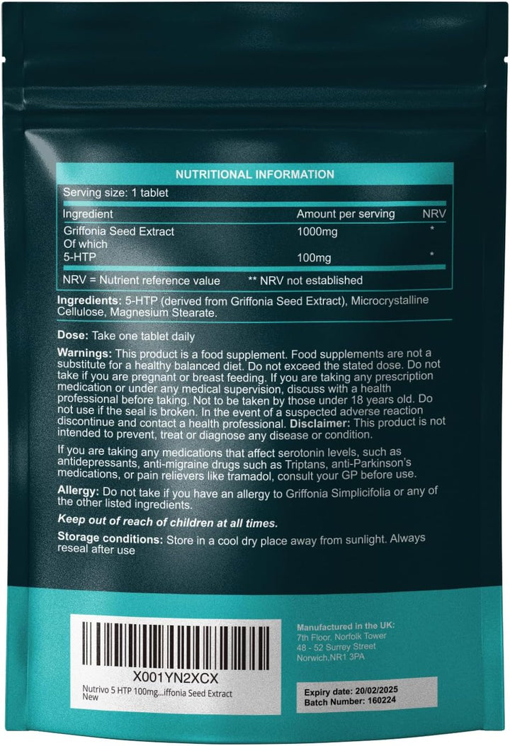 5HTP Tablets - 90 Tablets per Pack | 5HTP High Strength 1000Mg Supplement | One a Day - 3 Months Supply | from Griffonia Seed Extract | Vegan & UK Made