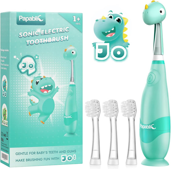 (4 Pack Baby Sonic Electric Toothbrush, Toddler Toothbrush for Ages 1-3 Years with Cute Dino Cover and Smart LED Timer, 4 Brush Heads (Jo)