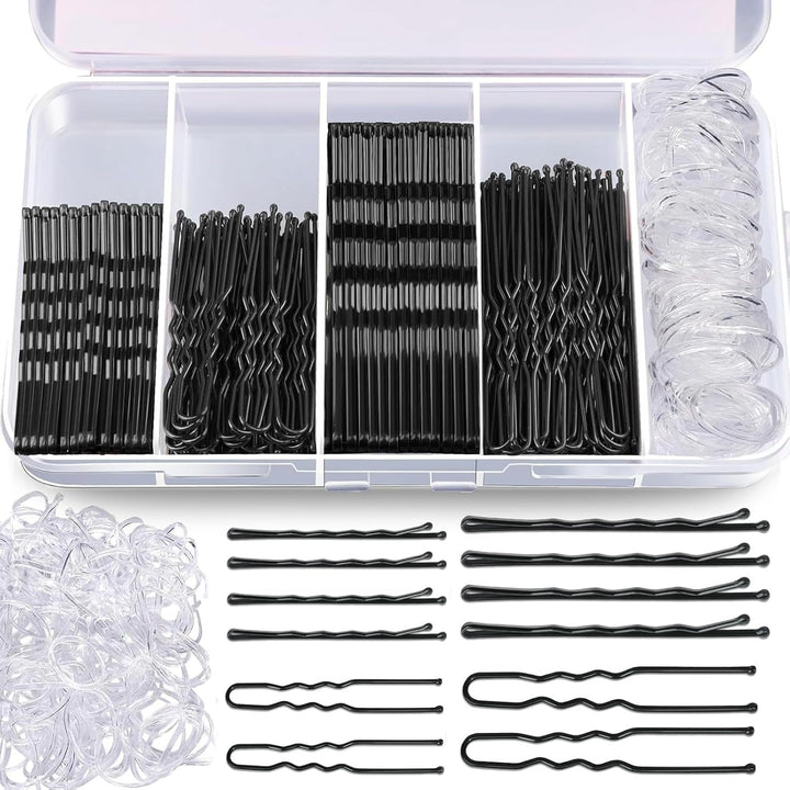 300 Pcs Bobby Pins Kit, Hair Pins for Women, Hair Grips, 100 Brown Waved Hair Pins (50Pcs L+50Pcs S), 100 Brown U Shaped H-Air P-Ins, 100 White Elastic Bands, with Storage Box
