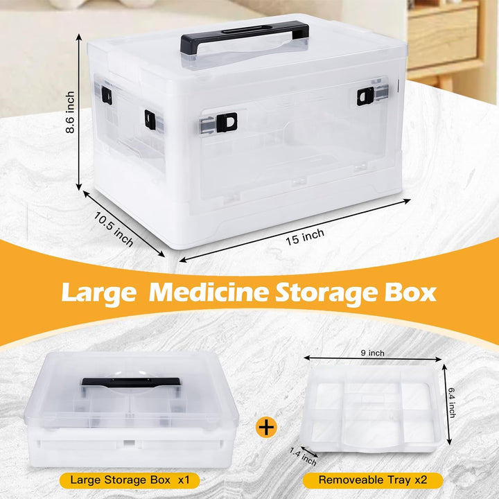 Extra Large Medicine Storage Box with Handles and Wheels, First Aid Box Clear Medicine Organiser with Removable Tray, Multipurpose Plastic Medication Storage Boxes