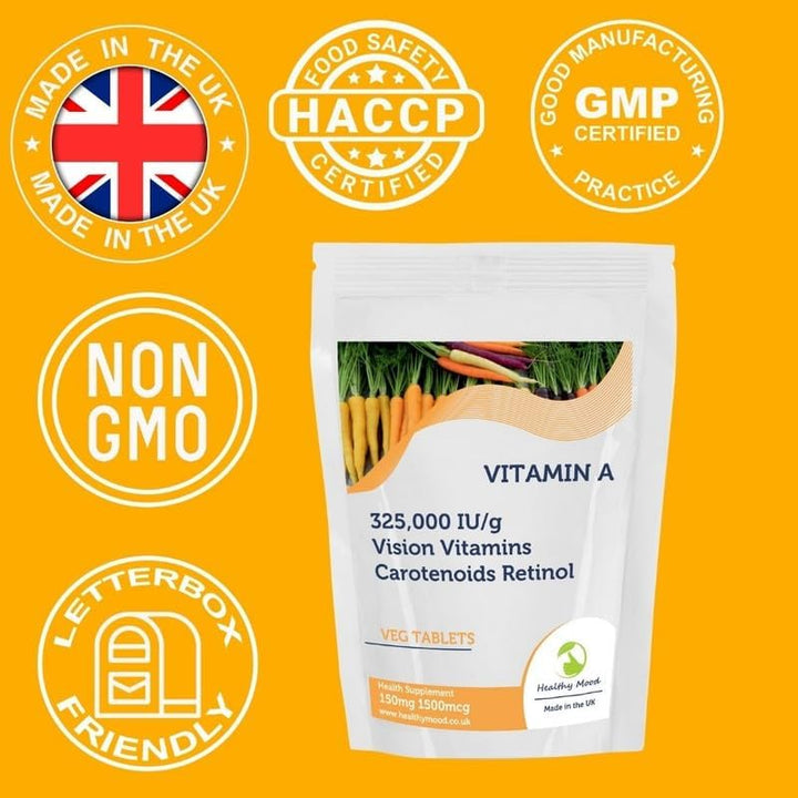 Vitamin a 150Mg (1500Mcg/325,000 Iu/G) Tablets - Carotenoids, Retinol, Essential Vision Support for Eye Health & Immune Function