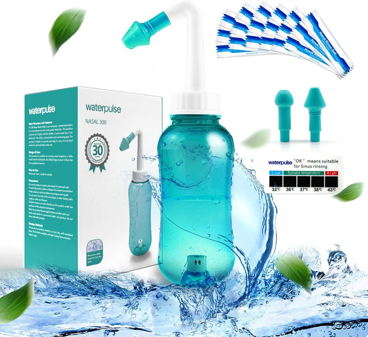 Neti Pot, Sinus Rinse Bottle 300Ml, Nose Cleaner, Nasal Irrigation System with 30 Nasal Wash Salt Packets and Sticker Thermometer for Adult & Kid BPA Free(300Ml,Blue)