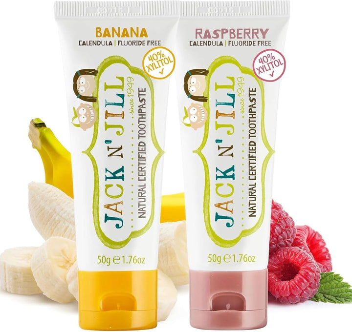 Jack N’ Jill Natural Certified Kids Toothpaste – Fluoride-Free Toddler & Baby Toothpaste with 40% Xylitol, No Sugar, Suitable from 6 Months+, Banana & Strawberry Flavour, Pack of 2 (50G Each)