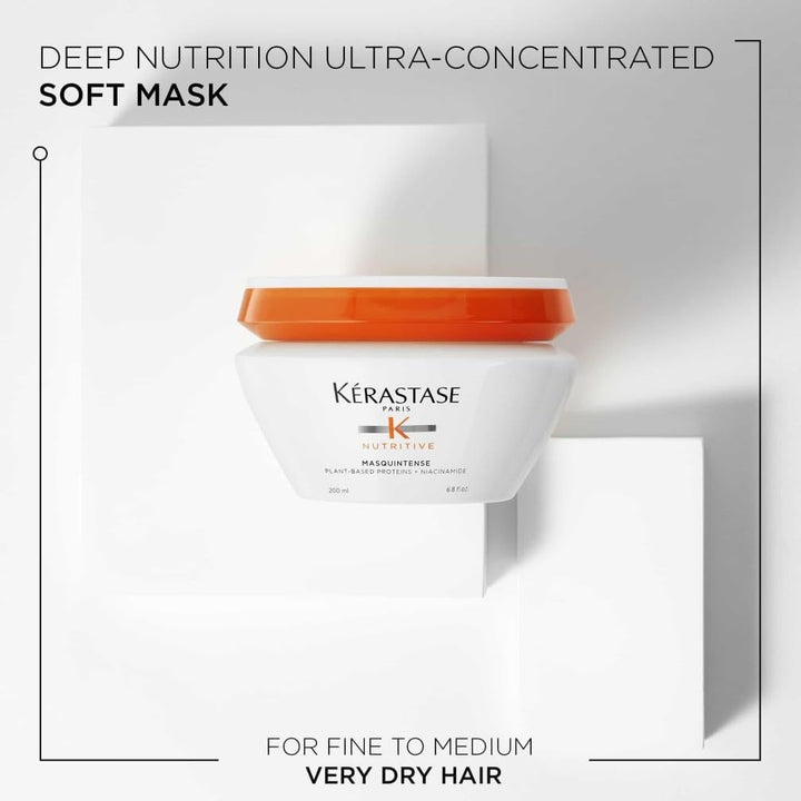 Kérastase Nutritive, Deep Nutrition Soft Mask for Very Dry and Damaged Fine to Medium Hair, Enriched with Niacinamide and Plant-Based Proteins, Conditions and Adds Softness and Shine, Masquintense