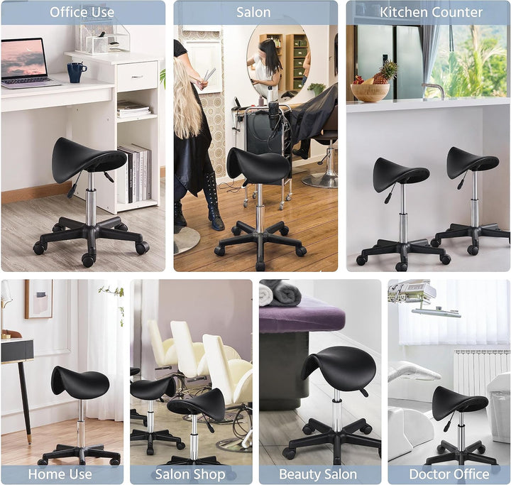 Saddle Stool Adjustable Rolling Salon Chair Swivel Rolling Wheels & Ergonomic for Hairdressing Massage Tattoo Spa Saddle Black