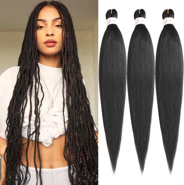 3 Packs Pre Stretched Braiding Hair Extension Yaki Texture EZ Braids Hair for Coi Leray Braids Black Braiding Crochet Hair Extensions /30 Inch 1B#