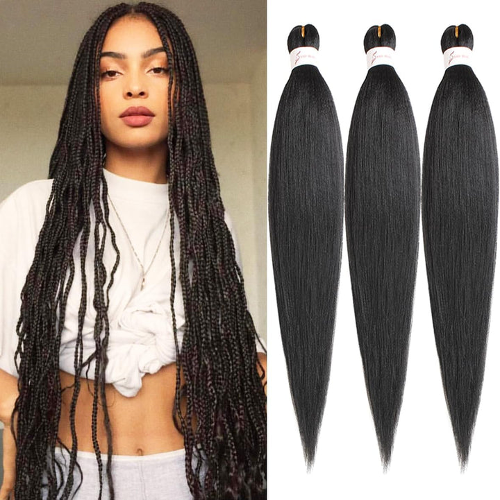 3 Packs Pre Stretched Braiding Hair Extension Yaki Texture EZ Braids Hair for Coi Leray Braids Black Braiding Crochet Hair Extensions /30 Inch 1B#