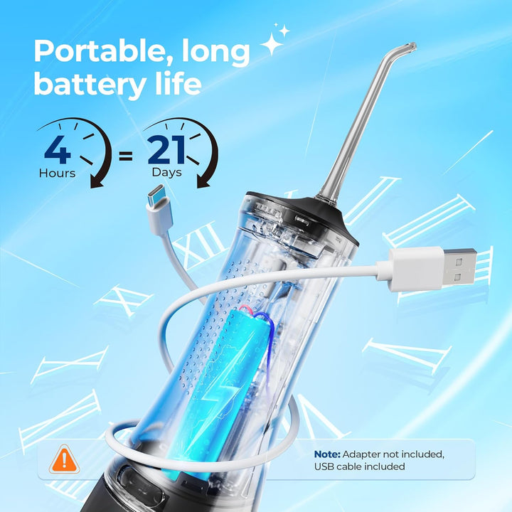 Water Dental Flosser for Teeth Cordless, 300ML Rechargeable Oral Irrigator with 4 Modes, Water Flossers for Adults, IPX7 Waterproof, Use at Home/Travel, Black，1 Pack + 4 Nozzles