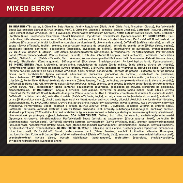 Gold Standard Pre-Workout Energy Shot, Ready to Drink Food Supplement with Beta Alanine, Caffeine, Performelon Boost and Vitamin B6 and B12, Mixed Berry Flavour, 12-Pack, 12 X 60 Ml