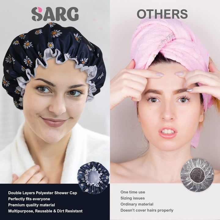 Premium Double Layer Shower Cap for Women with Unique Flower Design- Reusable Shower Cap for Hair - Waterproof Plastic Cap - Shower Caps for Long, Short and Curly Hairs