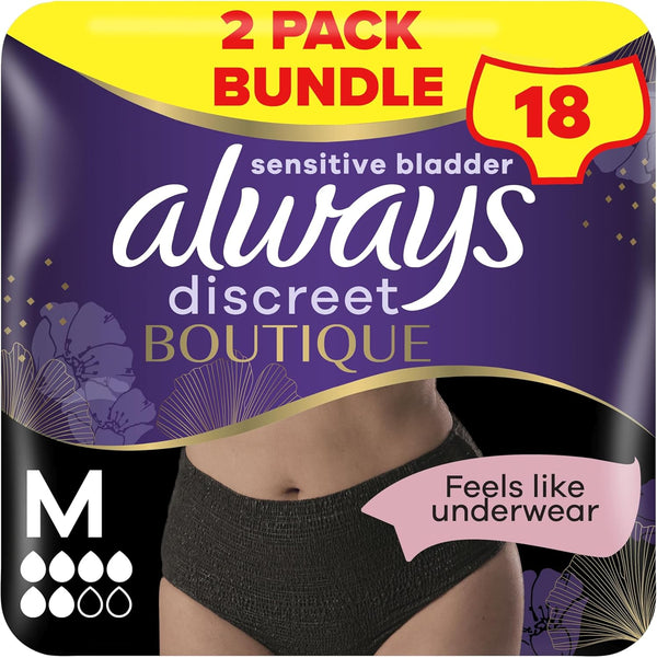 Boutique Incontinence Pants Women, Medium Size, Black, 18 High Absorbency plus Pants (9 X 2 Packs), Odour Neutraliser, Softness and Protection, for Sensitive Bladder
