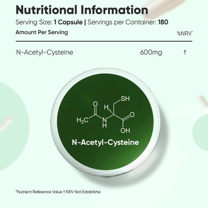 NAC N-Acetyl-Cysteine 600Mg - 180 Capsules (6 Months Supply) - 1 per Day - Vegan & Gluten-Free NAC Supplement - Precursor to Glutathione - N-Acetyl-Cysteine Nutritional Supplements - Made in the UK