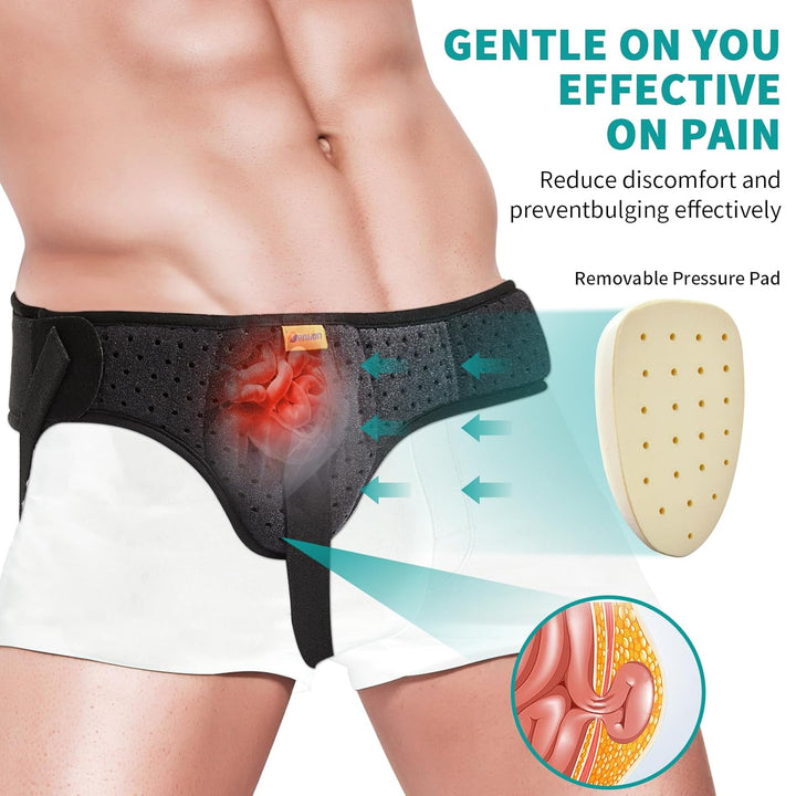 Hernia Belt Truss for Men and Women Left or Right Side Supportive Groin Pain with Removable Compression Pads for Pre or Post-Surgical, Femoral, Comfortable Adjustable (Black, L)