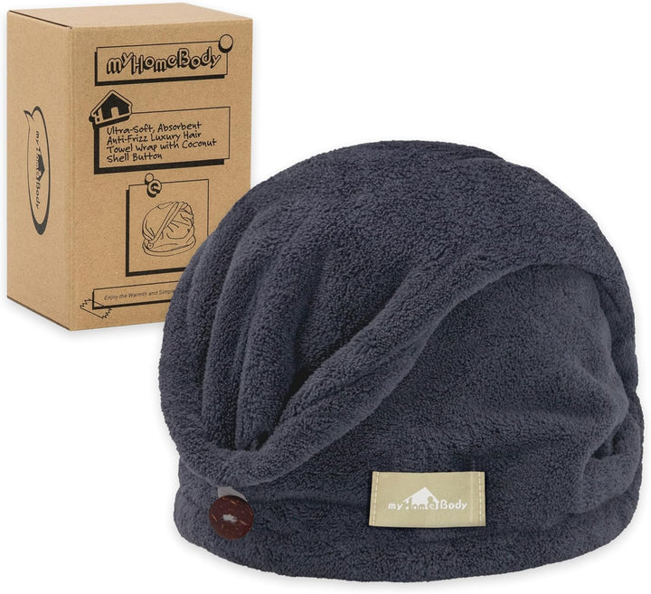 Hair Towel Wrap, Luxury Rapid-Dry Hair-Drying Turban, Ultra Soft and Quick Drying Absorbent Charcoal Fiber, with Coconut Shell Button - Gray
