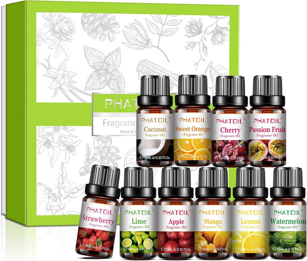 Fruity Fragrance Essential Oil Set, Coconut, Cherry, Apple, Strawberry, Mango Scents Oils for DIY Soap Candle Making, Diffuser Oil Set for Home Office Car Aromatherapy, 10 Pcs X 10Ml