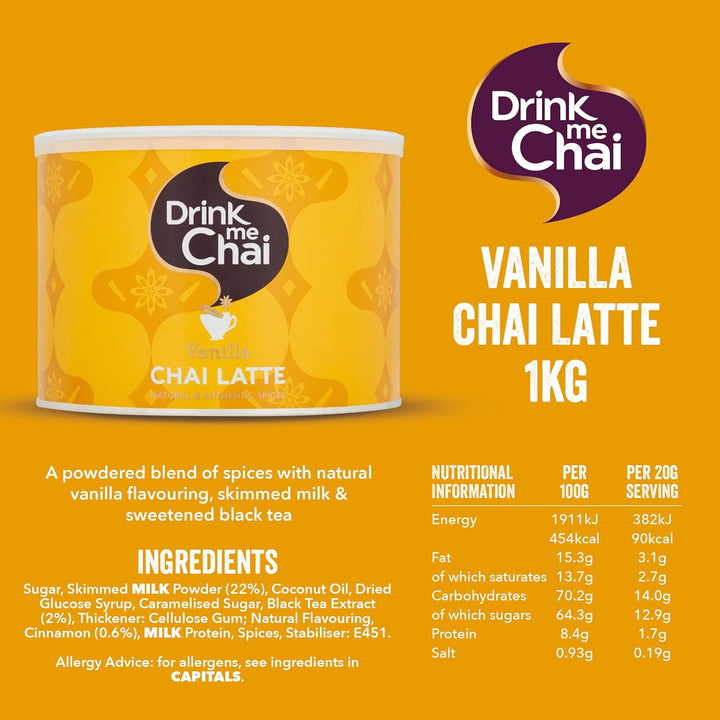 Vanilla Chai Latte 1Kg (Pack of 1) - Just Add Water, Vanilla Chai Latte Powder (50 Servings)