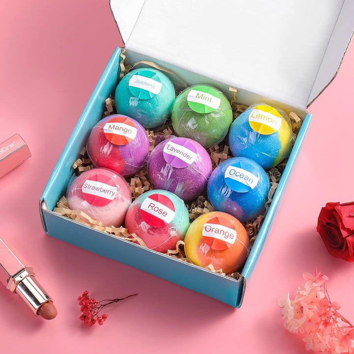 Bath Bombs Gift Set, Vegan & Cruelty Free, Ideal Present for Women, Girls, Birthday Mothers Day Gifts Idea, 9-Pieces Handmade Fizzy Bubble Bath Bombs