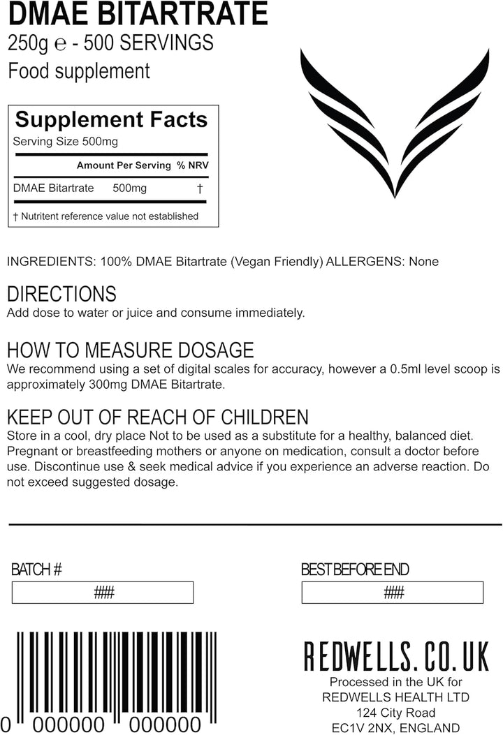 DMAE Bitartrate Powder  Cognitive Enhancer GMO Free Vegan - 250G Pack