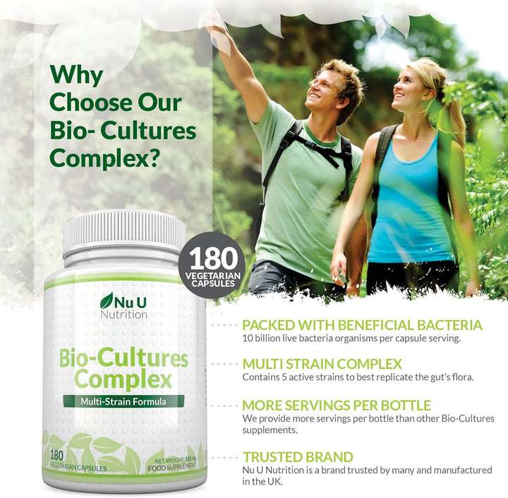 Bio-Cultures Complex - 180 High Strength Capsules - Lactobacillus Acidophilus, Rhamnosus & Bifidobacterium - 6 Month Supply - Gentle Vegetarian Multi-Strain Formula for Men & Women -