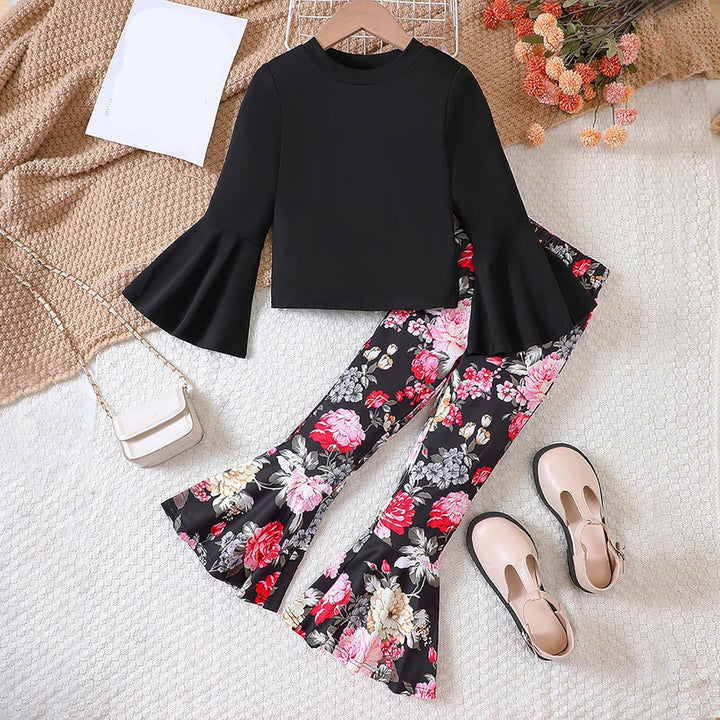 Toddler Girls Long Sleeve Black Tops and Floral Print Pants 2PCS Outfits Clothes Set for Children Kids