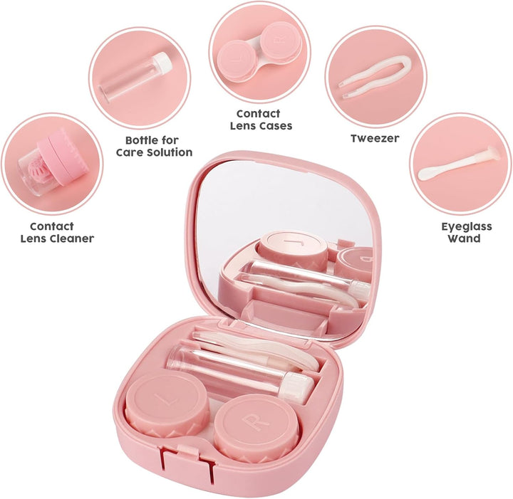 5-In-1 Pink Contact Lens Kit with Cleaner, Mirror, Tweezers, Case & Solution Bottle – Portable Travel Set for Outdoor Daily Wear