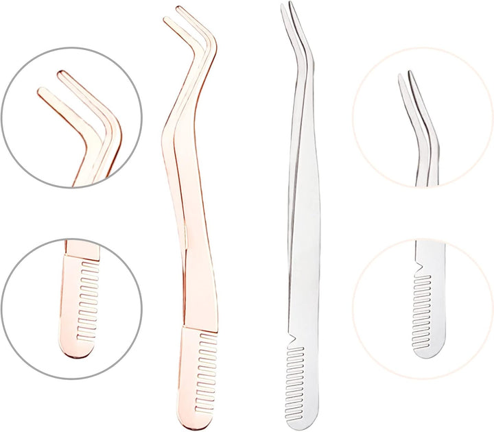 2 Pcs Eyelash Tweezers, Stainless Steel Eyelash Extension Tweezers, Lash Tweezer with Comb