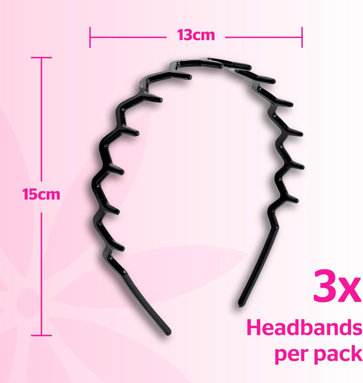 Zig-Zag Headband 3-Pack – Retro-Modern Hair Accessory (Shiny Black, Matte Black, Tortoise) – Durable, Comfortable Grip