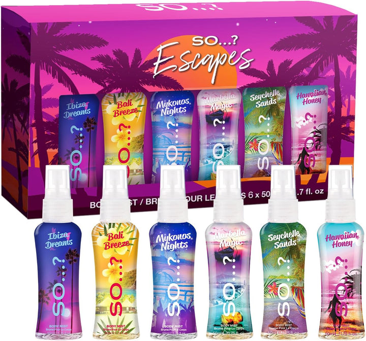 Escapes Grande Womens Gift Set with Ibiza Dreams, Bali Breeze, Mykonos Nights, Santorini, Seychelle Sands, Hawaiian Honey, Body Mist Fragrance Spray Set (6 X 50Ml.)§