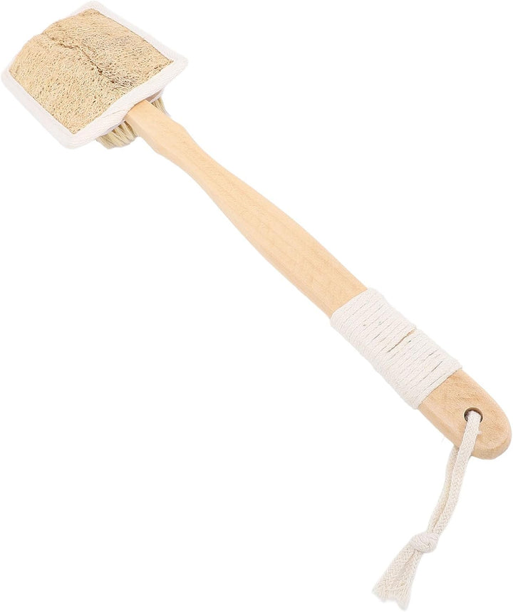 Long Handle Back Loofah Scrubber and Shower Brush with Loofah Bristle - Soft Exfoliator for Full Body Cleaning, Non-Slip Wood Handle, Ideal for Wet or Dry Use