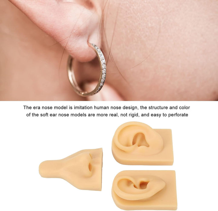 Fake Nose, Silicone Body Parts Silicone Nose Ear Model 3D Simulation Ear Model Set Fake for Piercing Practice Teaching, Earrings Jewelry Display (Light Skin Tone)