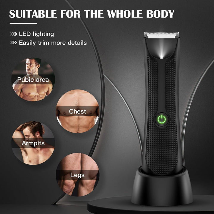 Pubic & Body Hair Trimmer for Men, Body Groomer, Electric Groin Hair Trimmer with Ceramic Blade Head, Wet/Dry Shaver with LED Light and Charging Base（Black）